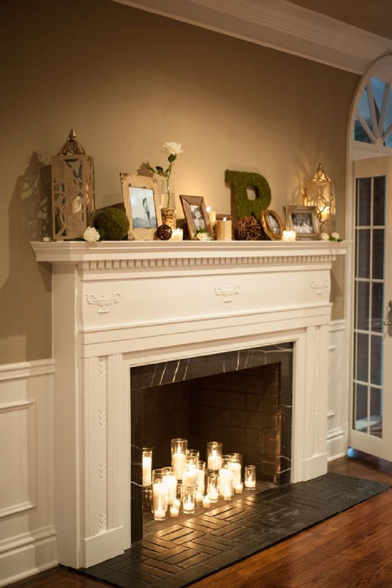 Fireplace with glass candleholders