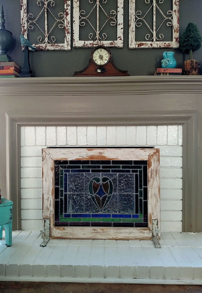 Stain glass fireplace screen