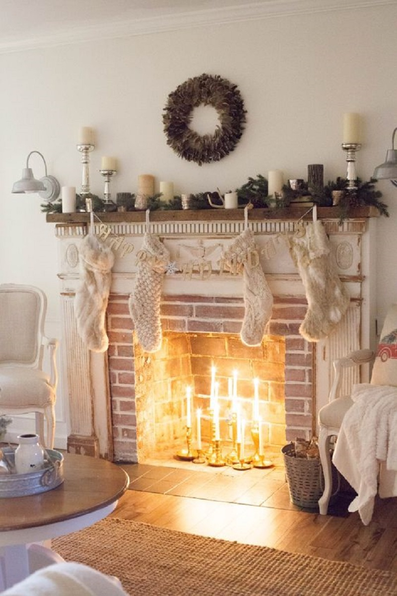 Brick fireplace with a white shabby chic mantel